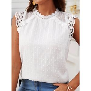 Cottagecore Swiss Dot Contrast Guipure Lace Blouse tank top white